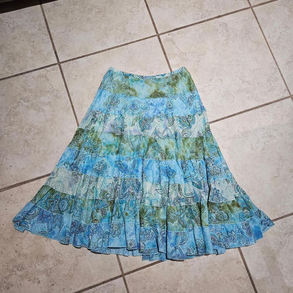 y2k boho mermaidcore blue green tiered maxi skirt